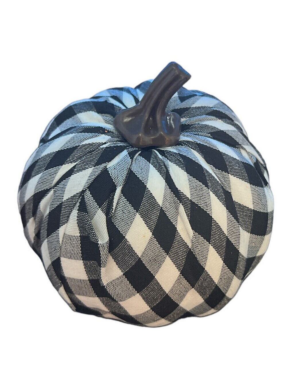 HALLOWEEN FALL PUMPKIN Black & White Plaid Fabric Covered Pumpkin 4.5” T 5” W